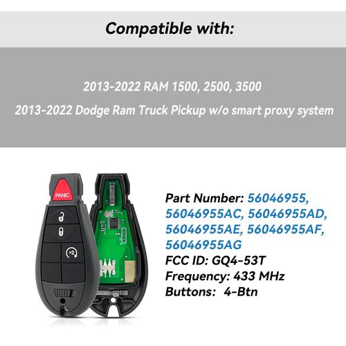 GQ4-53T Key Fob Remote Key Replacement for Dodge Ram 1500 2013 2014 2015 2016 2017 2018 2019 2020 2021 2022 2500 3500 Ram Truck Pickup Keyless Entry Remote (Pack of 2)