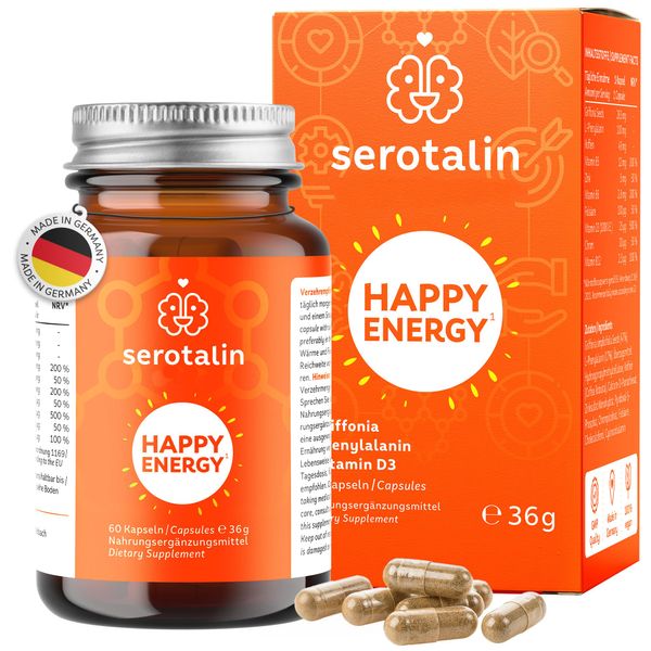 serotalin® Original Happy Energy Capsules - Motivation & Focus | Griffonia + Vitamin D3 + Phenylalanine + Vitamin B12 + B6 + Zinc + Chromium & Caffeine | 100% Vegan, 60 Capsules for 2 Months