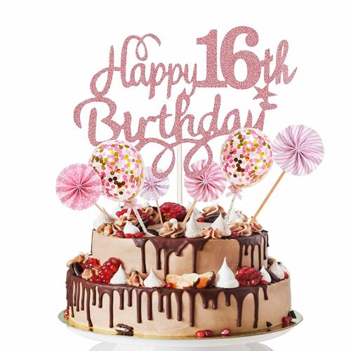 16th Birthday Cake Decoration Probuk 7 Pieces Reusable Glitter Rose Gold Cake Topper Cake Decoration with Paper Fans & Confetti Balloons, Party Decoration for Birthday/Home Parties/Christmas Parties