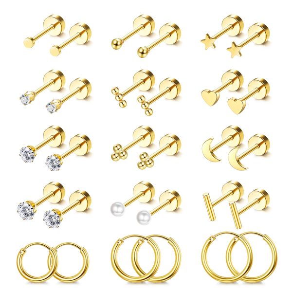 LOLIAS Small Hypoallergenic Flat Back Stud Earrings for Women Men 14K Gold Plated Surgical Stainless Steel Earring Sets Tiny Screw Back Cartilage Earring (Gold)