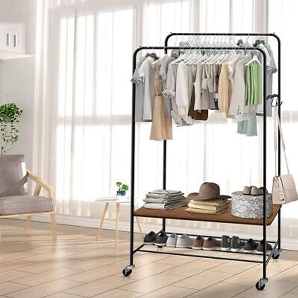 Clothes Rack Rolling Clothing Garment Rack Freestanding Double Rod on Wheels