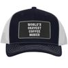 World's Okayest Coffee Maker - Leather Black Patch Engraved Trucker Hat, Navy-White, One Size