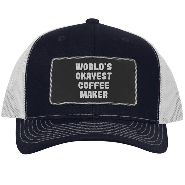 World's Okayest Coffee Maker - Leather Black Patch Engraved Trucker Hat, Navy-White, One Size