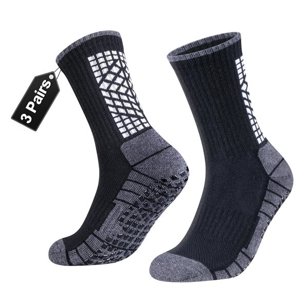 YUEDGE Herren Fußball Grip Socken Schwarz Feuchtigkeitstransport Rutschfest Gepolstert Crew Rugby Pilates Fußball Training Athletische Sportsocken Für Männer Größe 44-47 (3 Paare)
