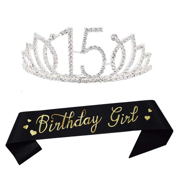 15th Birthday Silver Tiara and Sash Happy 15th Birthday Party Supplies Birthday Girl Glitter Satin Sash and Crystal Tiara Princess Birthday Crown for Girls 15th Birthday Party Decorations Favors