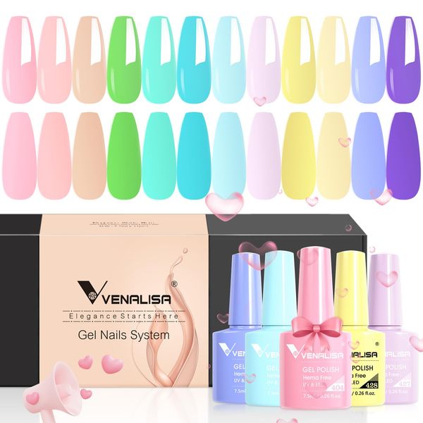 VENALISA Hema Free Pastel Gel Nail Polish Set - 12 Pcs 7.5ML Spring Summer Macaron Gel Polish Kit Light Soft Nude Pink Green Blue Purple Yellow Colors Gel Nail Art Manicure DIY Gift for Girls Women