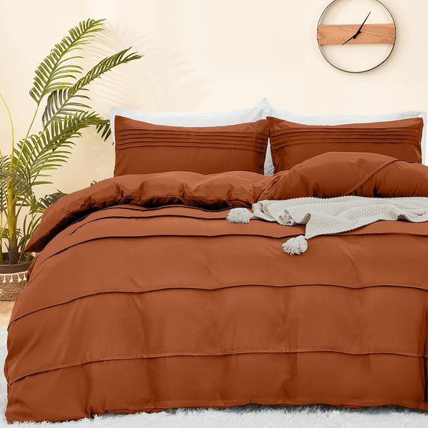 DJY Terracotta Duvet Cover Double Size - Burnt Orange Boho Pleated Duvet Cover Set, 3PCS Soft and Breathable Textured Bedding Set with Zipper Closure (Terracotta, 200x200cm)