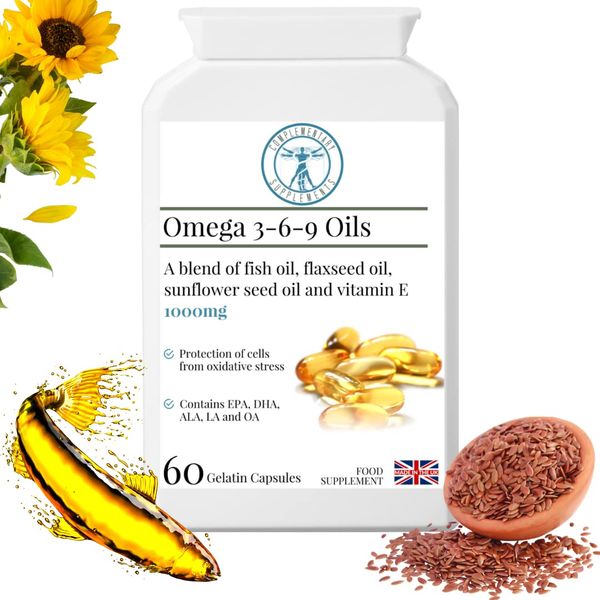 Complementary Supplements - Omega 3-6-9 - MAX Strength 1000mg - Healthy Heart & Cholesterol Formula - Sunflower seed, Flaxseed and Fish Oil with Vit E - 60 Capsules