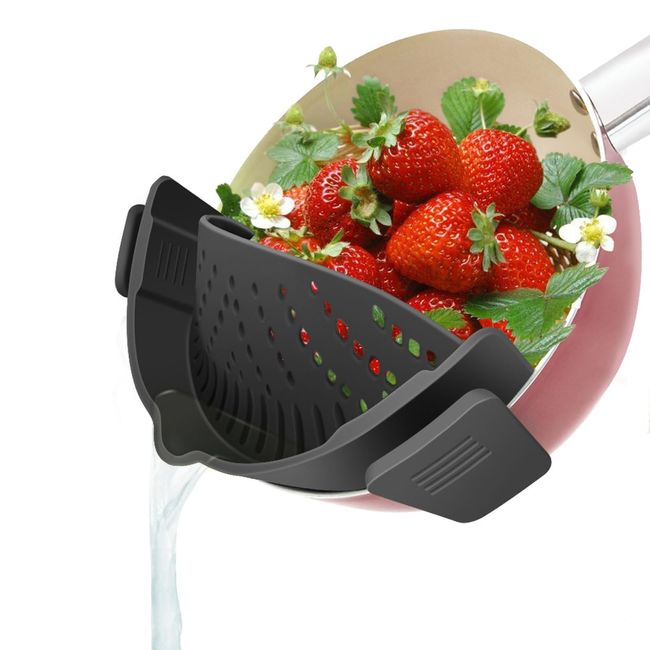 YEVIOR Clip on Strainer for Pots Pan, Silicone Kitchen Food Hands-Free Strainer for Spaghetti, Pasta, Ground Beef Fits All Bowls and Pots - Black