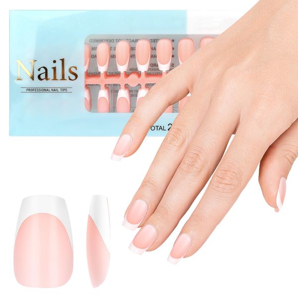 JSRQT 240Pcs French Tip False Nails, Short Coffin French Press on Nails, Full Cover Artificial Fake Nail for Gel Extension, X-Coat Tips Stick on French Nails Short, Nail Art DIY for Women Girls(Nude)