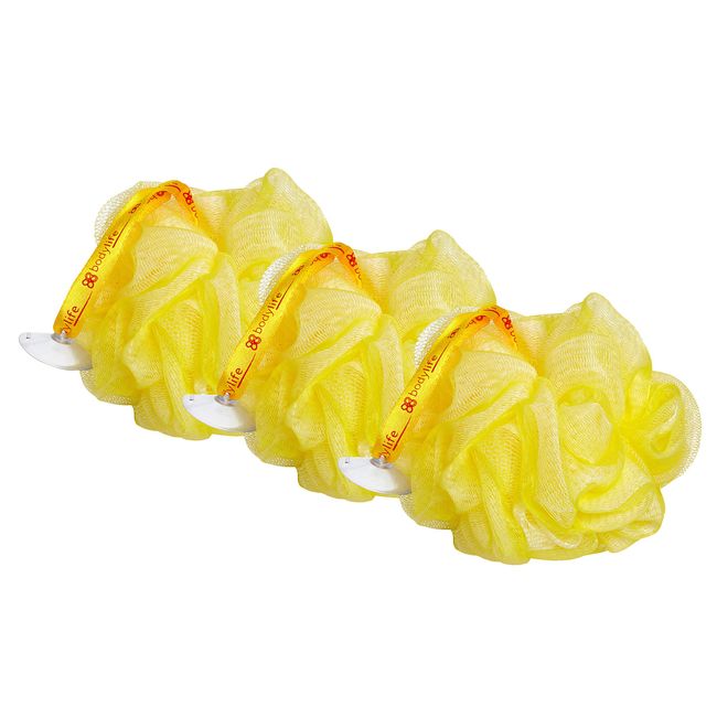 Bodylife Body Buffer, Puff, Exfoliating Bath & Shower Body Pouf, Scrunchie, Body Scrubber Yellow & White 55g Triple Pack