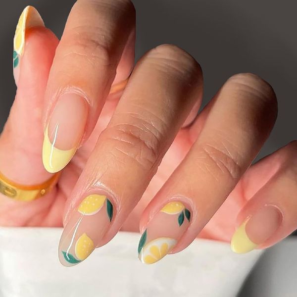 Summe Almond Press on Nails Medium Fake Nails with Yellow Lemon Designs Glue on Nails French Tip Acrylic Nails for Women Girls Holiday Glossy Stick on Nails，24pcs