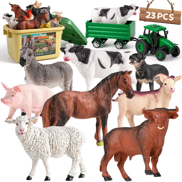 WAIIW Farm Animal Toys for Toddlers,23 PCS Animal Toys with Realistic Animal Figurines,Tractor Toy and Fence,Farm Playset Educational Learning Toys for Toddlers Kids 3-5