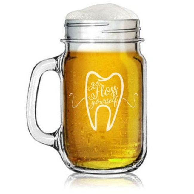 16oz Mason Jar Glass Mug w/Handle Go Floss Yourself Dentist Dental Hygienist