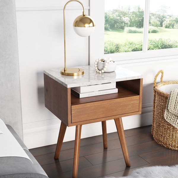 Nathan James Mid-Century Rectangle Accent Side or End Table Walnut Finish Wood and Faux Marble Top with Storage Nightstand, Frame, White/Brown