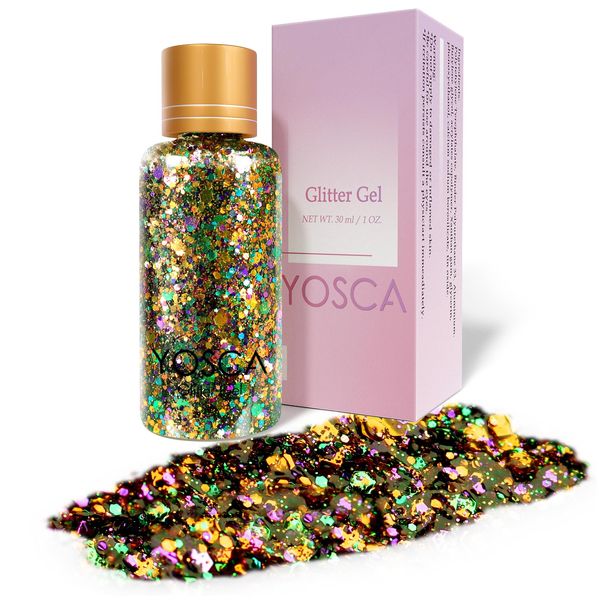 Yosca Body Glitter Gel, 30ML Gold Purple Green Fairy Face Glitter, Cosmetic Grade Hair Chunky Glitter Lotion for Theme Makeup Concert Party Stage Mardi Gras Christmas Carnival Accessories - Rave Dance