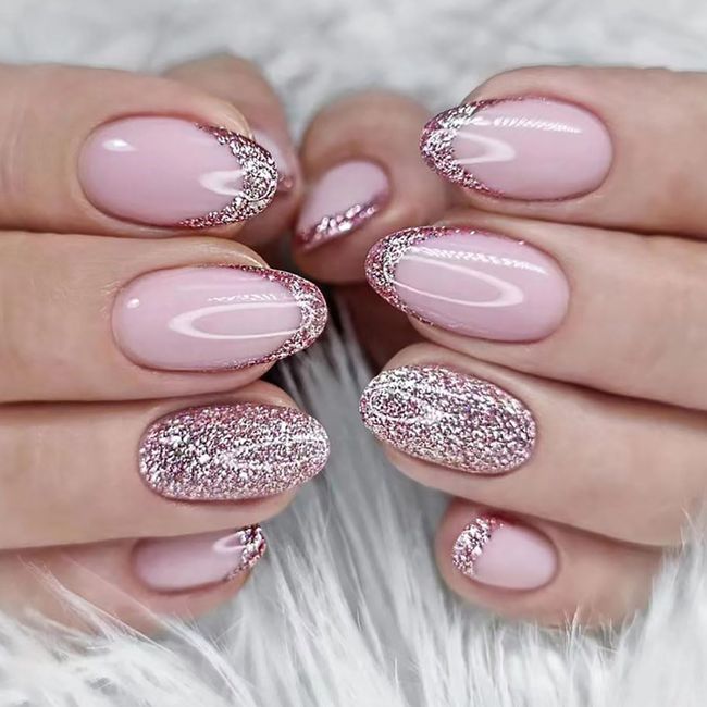 SINLOV 24pcs Almond Fake Nails Pink Long Press on Nails Sequin Gradient French Fake Nails Sparkly Full Cover False Nails for Women and Girls