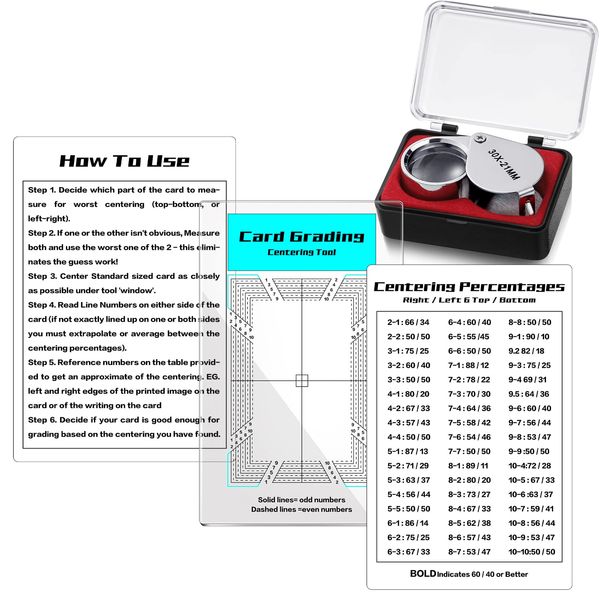 Sintuff 4 Pcs Card Grading Centering Tool Set with 30X Magnifying Tool Card Centering Grading Tool Includes Centering Guide and Card Centering Tool Graded Card Submissions Card Center Tool