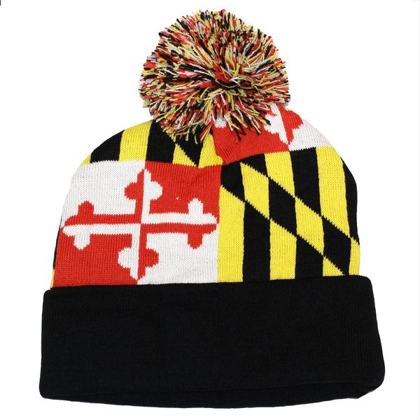 Full Maryland Flag (Black) / Knit Beanie Cap w/ Pom-Pom - 1 / Maryland Flag