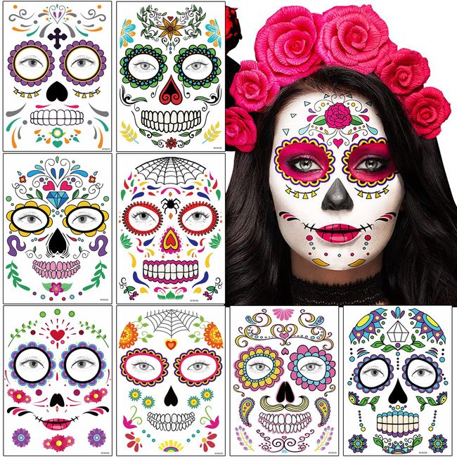 8 Blätter Halloween Gesicht Tattoos Tag der Toten Totenkopf Skelett Spinnennetz Rote Rosen Temporäre Tattoo Aufkleber für Männer Damen Halloween Dia De Los Gruselparty Mottoparty Maskerade