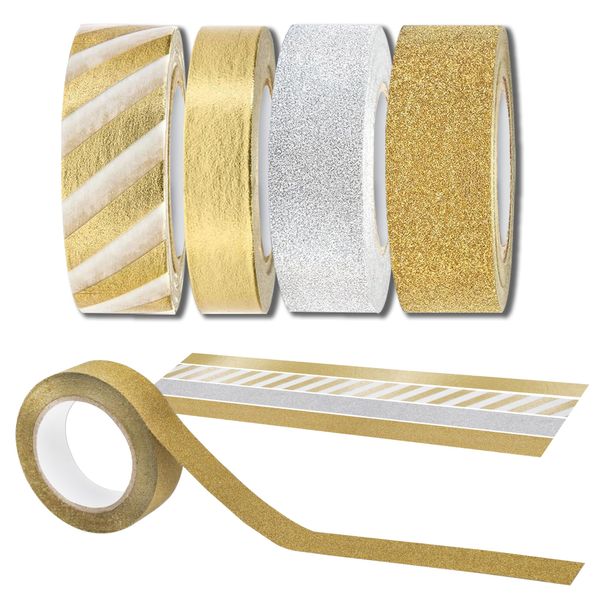 Decoraparty 4 Rollen Washi Tape Gold Silber Dekoratives Klebeband für Geschenke, Scrapbooking, Journaling, Basteln, 10 Meter Rolle (4 Stück)