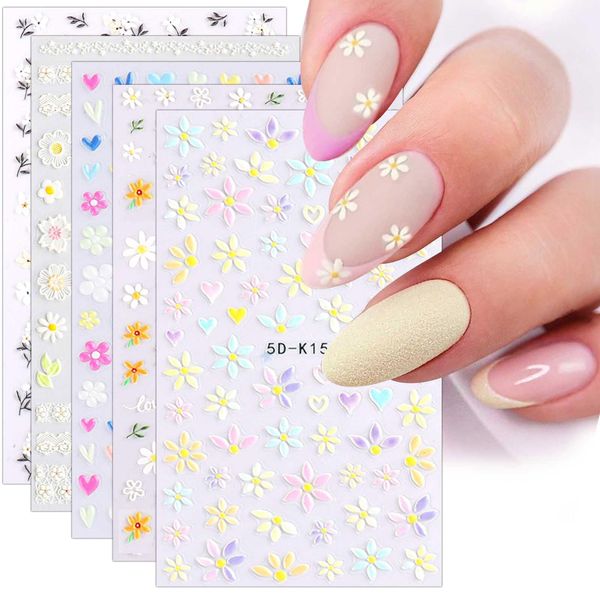 JMEOWIO 3D Fiori Adesivi Unghie Nail Art Stickers Unghie Autoadesivi 5D Decorazioni Unghie Nail Art Disegni 5 Fogli