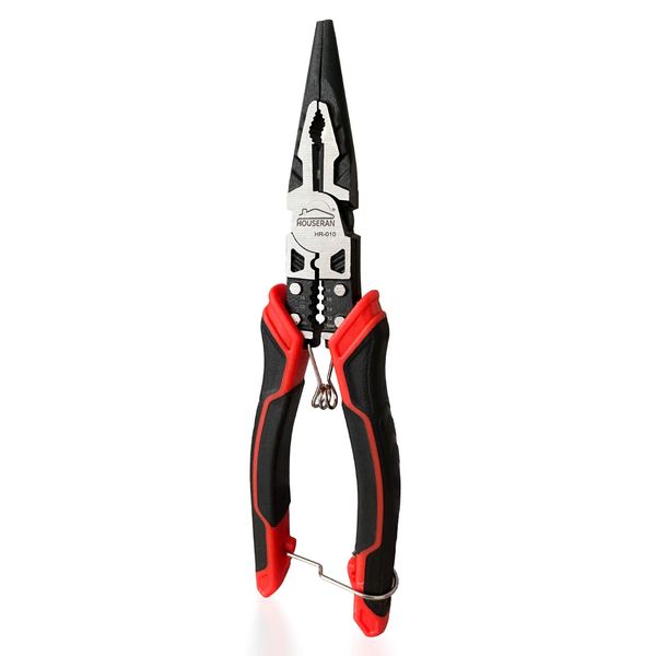 Needle Nose Pliers, HOUSERAN Long Needle Nose Pliers with Wire Stripper and Crimper, 8.3 Inch Long Nose Pliers, Spring Loaded with Safety Lock, 5-in-1 Needle Nose for Bending, Crimping, Stripping