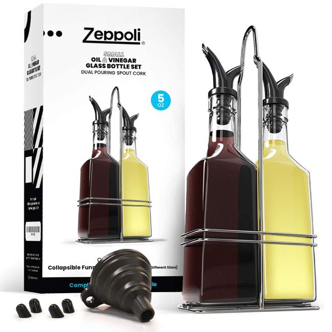 Zeppoli Olive Oil Dispenser Bottle Set 5 oz - Stainless Steel Rack 2 Pack - Oil & Vinegar Dispenser Set - 4 Removable Dual Spout, Pouring Funnel - Oil & Vinegar Glass Bottle Set-Oil Cruet for Kitchen
