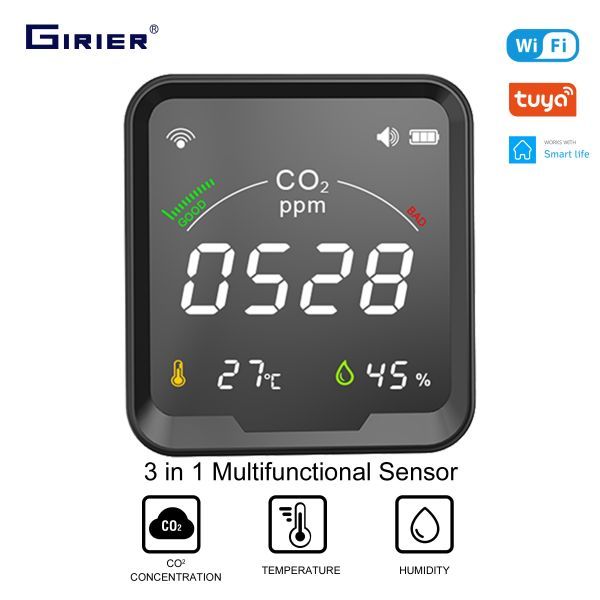 Fine Dust Meter Air Quality Meter GIRIERTuya Smart WiFi CO2 Sensor Carbon Dioxide Temperature Humidity Detector Monitor LCD Screen 3 in 1, WiFi Version