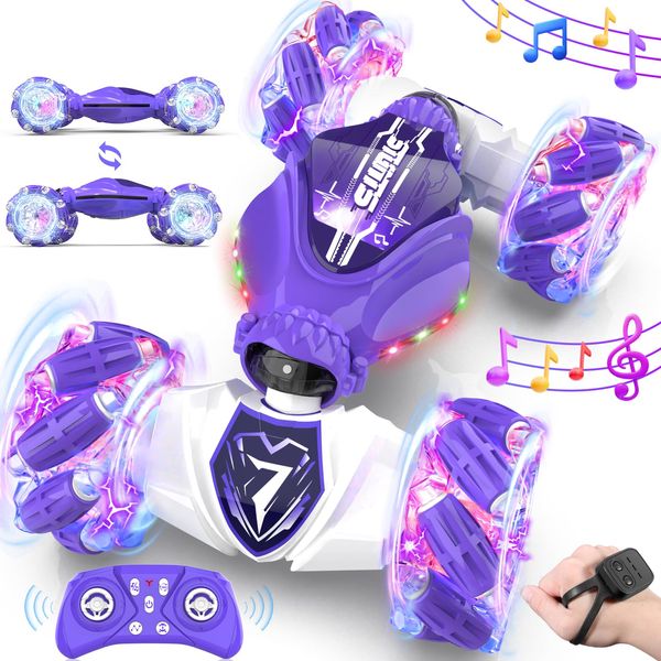 TinyFunz Gesture Sensing Remote Control Car Toys - Drift RC Stunt Car for Kids | 360° Rotating 4WD Transform RC Cars | 2.4Ghz Hand Controlled Car with Lights Music | Birthday to Boys (Purple)