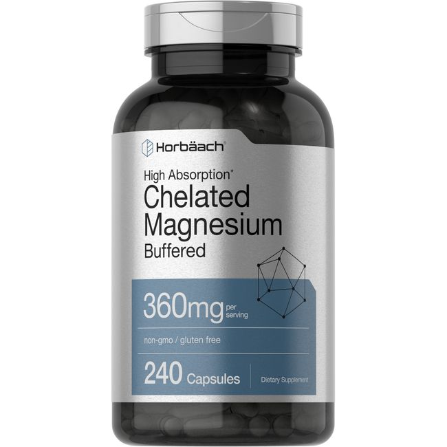 Chelated Magnesium 360mg | 240 Capsules | Non-GMO & Gluten Free | by Horbaach