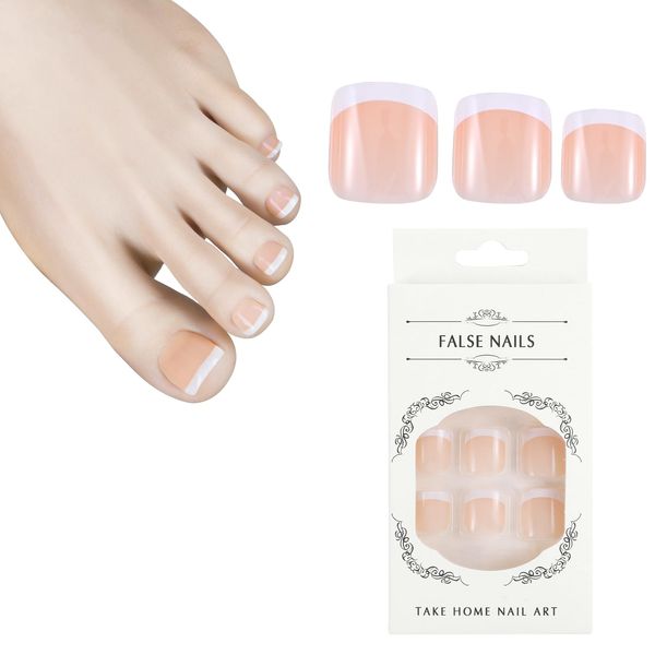 French Press on Toenails 48Pcs Short Square Toe Nail Press Ons Pink White Fake Toe Nails Cute Toe Press On Nails Cute Toenails for Pedicure Decorations with Glue & Polishing Strips