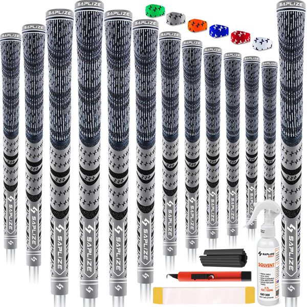 SAPLIZE Cross Corded Golf Grips 13 Pack, Low Taper Design, Multi-Compound Hybrid Golf Club Grips, 13 Grips with All Kits, Standard Size, Grey, CL03 Series