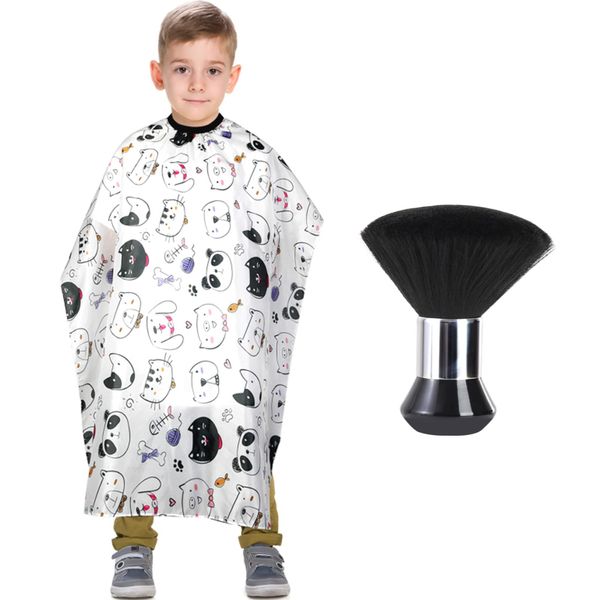 Kids Barber Cape with Neck Duster Brush, Professional Salon Hair Cutting Cape with Adjustable Snap Closure(Cartoon Cat)