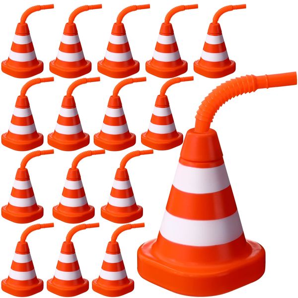 16 Pack Construction Cone Cups with Straws Bulk, Traffic Cones Party Favor Cups 10 oz Plastic Reusable Kids Race Cups Set for Construction Traffic Theme Racing Car Birthday Party Supplies