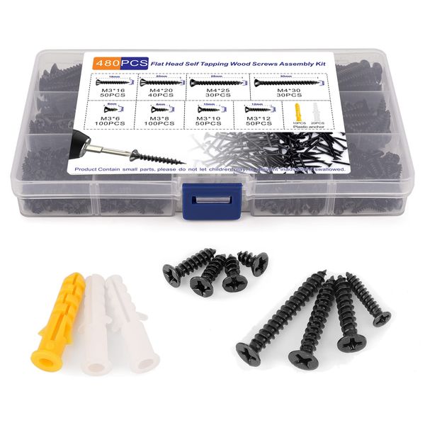 Flat Head Short Screw Assortment Set, M3&M4 Black Phillips Assorted Screws for Wood, Small Wood Self Tapping Screw Fastener Kit for DIY Projects with 30Pcs Drywall Anchors(480Pcs)