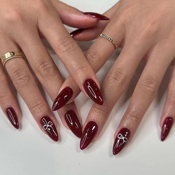 ANDGING Red Press on Nails Almond Short Medium Acrylic Fake Nails Glue on Nails with Ribbon Design Full Cover Women False Nails with Glue Gel Stick on Nails for Wedding Birthday 24Pcs