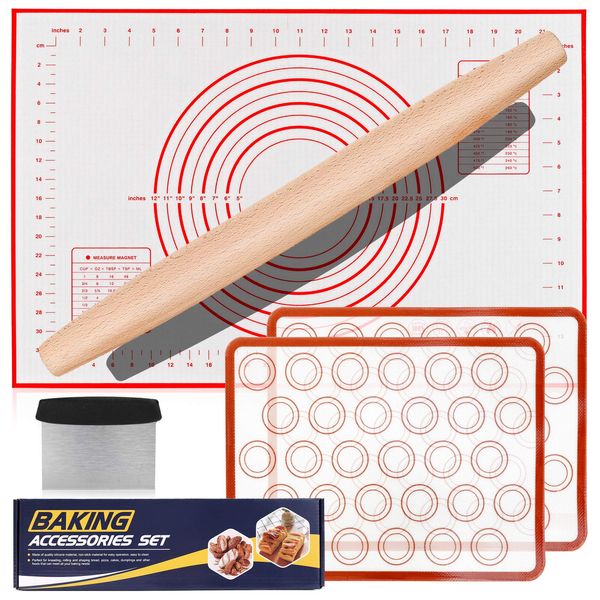 Rolling-Pin-Silicone-Baking-Mats-Set, Nonstick Dough Rolling Pastry Mat for Cookie Macaroon Pie Crust Pizza, Heat-resistant Silicone Baking Sheets for Oven, Silicon Macaroons Baking Mats