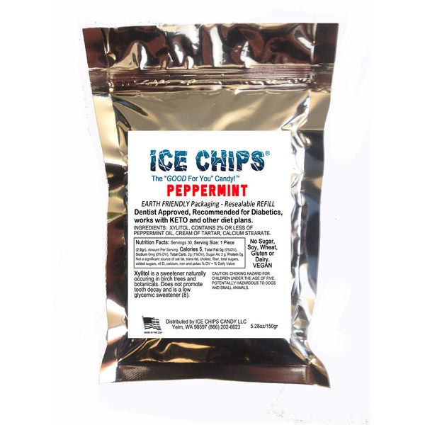 ICE CHIPS Xylitol Candy in Large 5.28 oz Resealable Pouch; Low Carb & Gluten Free (Peppermint)