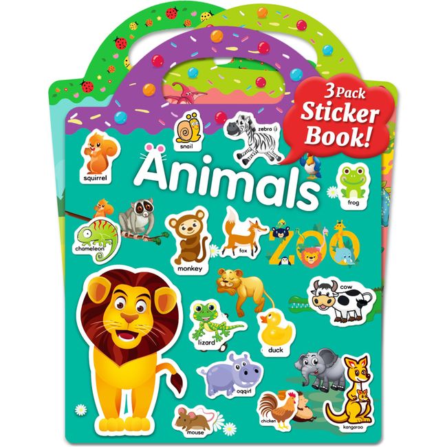 Benresive Reusable Sticker Books for Kids 2-4, 3 Sets Sticker Books for Toddlers 1-3, Toddler Sticker Book Age 2-4, 94 Pcs Cute Waterproof Stickers for Teens Girls Boys - Animals, Dinosaurs and Insect