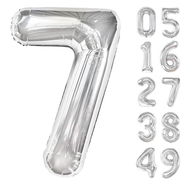 Silver Number 7 Birthday Balloon 40 Inch, Digital Balloons for 7 17 27 70 77 Party Celebration Decorations Supplies, Mylar Foil Numbers Balloon for Seven Wedding Anniversary