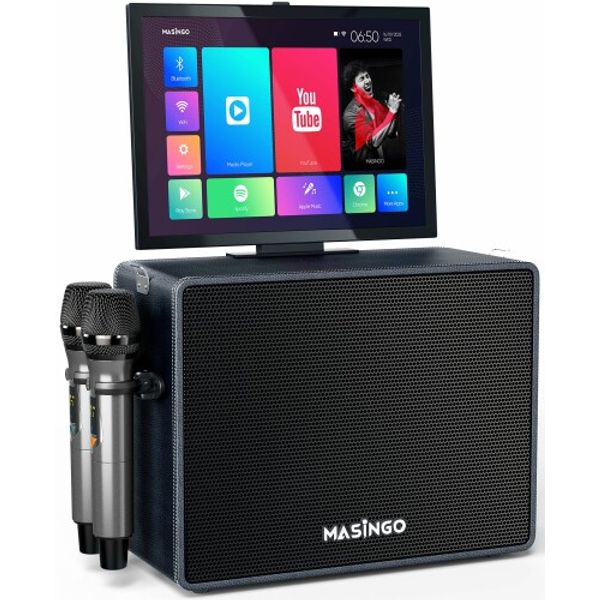 Masingo Karaoke Lyrics display tablet included 2 wireless microphones included Bluetooth portable speaker PA set 15 inch tablet included WiFi compatible P. Alto X6