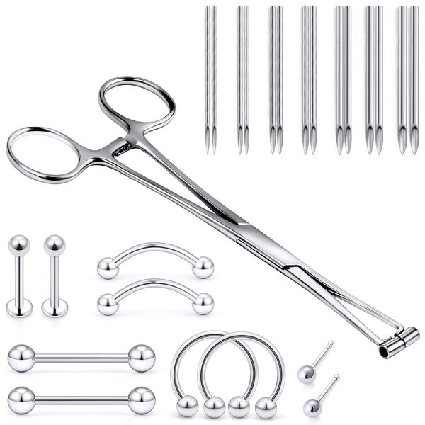 Vsnnsns Septum Forceps Clamp Pliers for Nose Rings Septum Piercing Forceps with 10G 12G 13G 14G 16G 18G 20G Piercing Needles 316L Surgical Stainless Steel Body Piercing Tools Kit 25Pcs