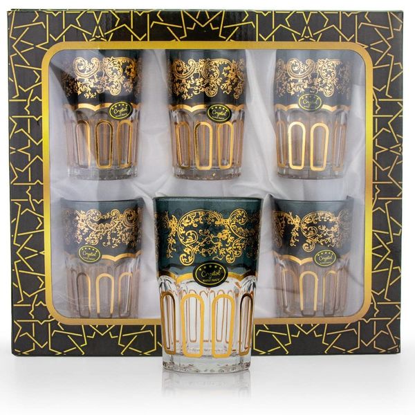 6 Premium Orientalische Marokkanische Teegläser Gold Grau, 6er Set Glastassen, Glasbecher, Gläserset, Atay, Cay Trinkgläser geeignet
