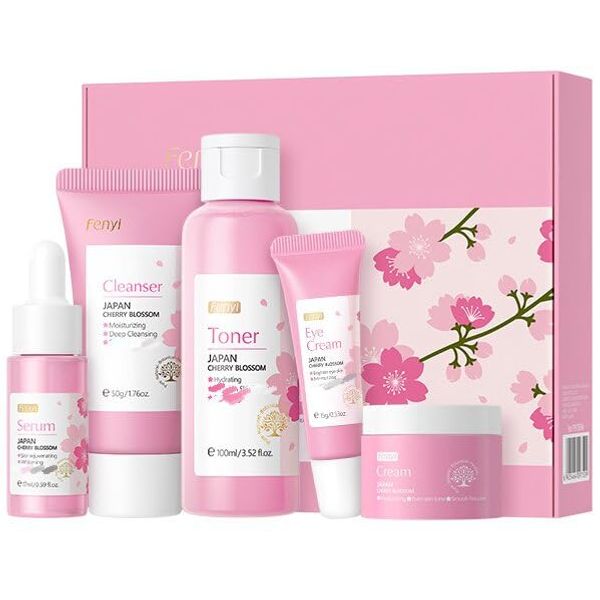 Cherry Blossom Skin Care Kit - Skincare for Girls 10-12 - Hydrating Travel Essentials - Travel Kit with Travel Face Wash, Essence, Toner,Cream & Eye-cream - Skin Care Sets & Kits Gift Set for Women