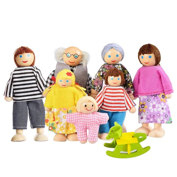 PUCKWAY Lovely Happy Family Dolls Playset Wooden Figures Set of 7 People with DIY Horse for Kids Children Toddlers Dollhouse Pretend Gift