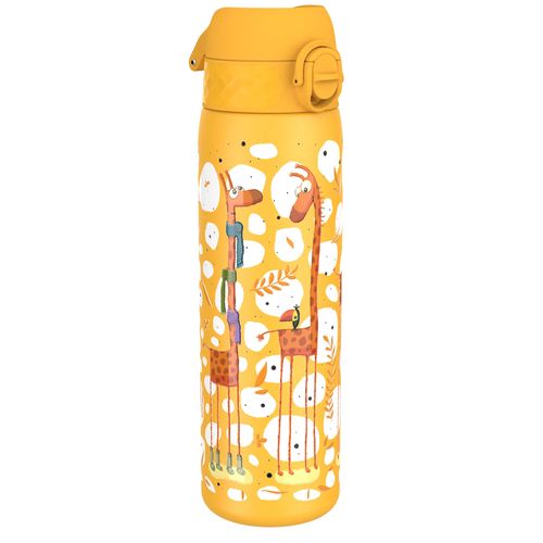ION8 Steel Water Bottle, 600 ml/20 oz, Leak Proof, Easy to Open, Secure Lock, Dishwasher Safe, Flip Cover, Fits Cup Holders, Carry Handle, Durable, Metal Water Bottle, Raised Print, Giraffes Design