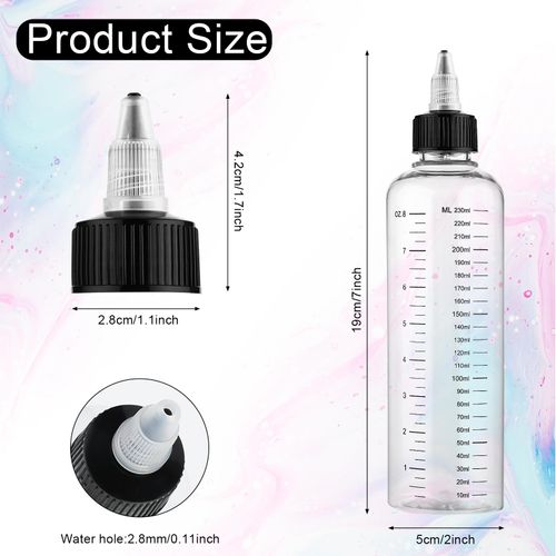 WLLHYF Pack of 2 Applicator Bottle for Hair Plastic Hair Oil Applicator Hair Colour Squeeze Bottle Hair Root Dye Bottle with Ratio Scale Screw-On Tip Cap (8.5oz/230ml)
