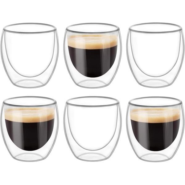 6×80ml Double Wall Thermo Insulated Espresso Cups, Cappuccino Latte Macchiato Glass for Coffee Tea Milk Juice Ice Cream, Borosilicate Heat-Resistant Glass Cup, Vacuum Insulated