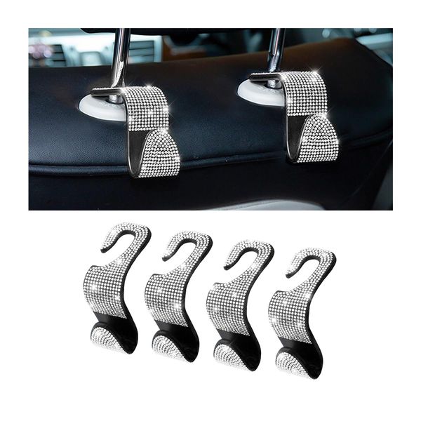 Osilly 4 Pcs Car Headrest Hooks, Bling Rhinestones Hook for Auto Front Seat, Crystal Hanger Holder, Automotive Interior Storage Organizer for Purse Coats Umbrellas Grocery Handbag (White)